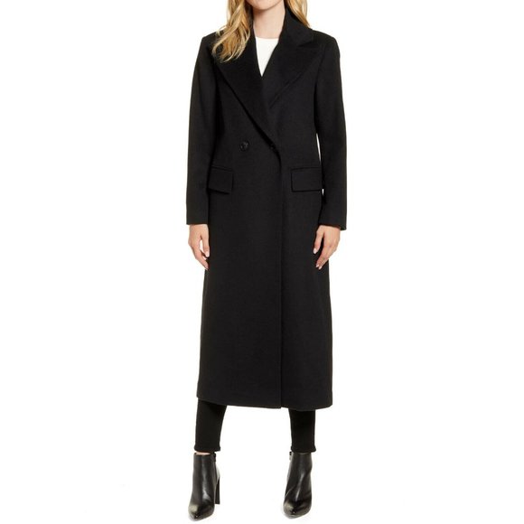 $500 KRISTEN BLAKE Double Breasted wool blend Maxi Long Coat BLACK - Picture 1 of 7
